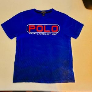 POLO BY RALPH LAUREN BOYS SHIRT SIZE MED 10/12 BLUE W/ORANGE WRITING.